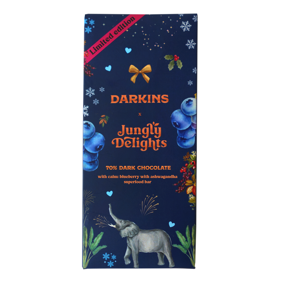 70% Dark Chocolate with calm: blueberry with ashwagandha superfood bar